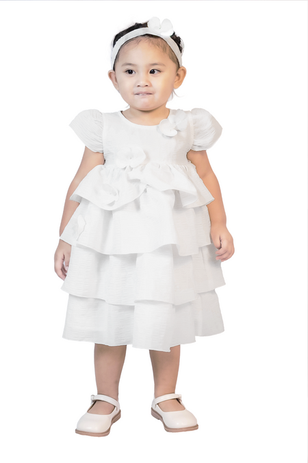 White Bubble Sleeves Shirred Dress with Headband