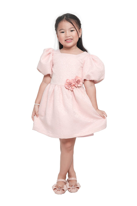 Peach Pleated Jacquard and Lace Dress