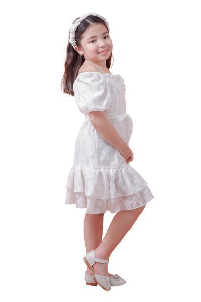 White Puff Sleeve Waist Drop Dress