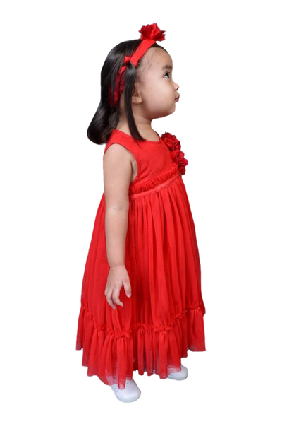 Red Multi Shirred Tulle Dress with Headband
