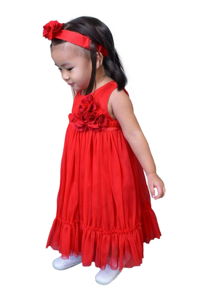 Red Multi Shirred Tulle Dress with Headband