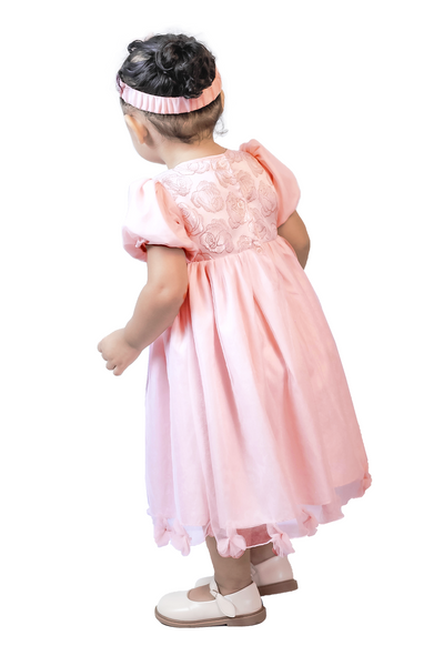 Pink Bubble Sleeves Shirred Dress with Headband