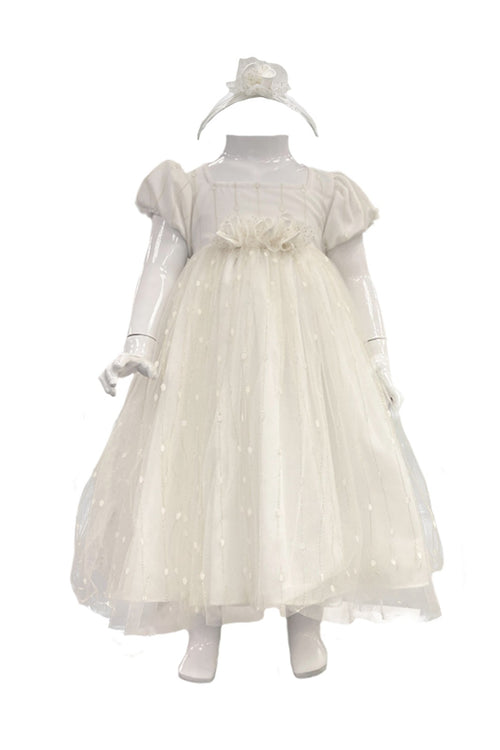 White Bubble Sleeves Shirred Dress with Headband